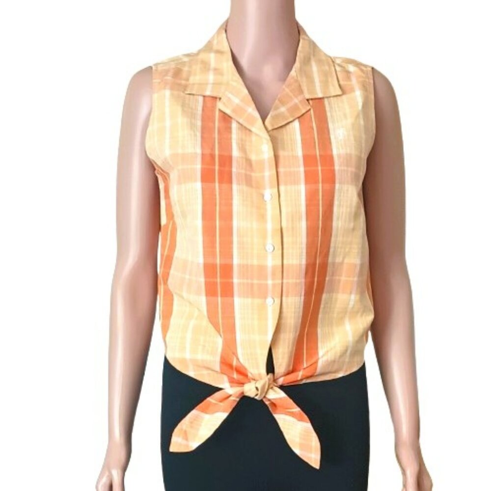 Tommy Bahama Tie Front Blouse 10 Silk Linen Orange Yellow Plaid Sleeveless Top